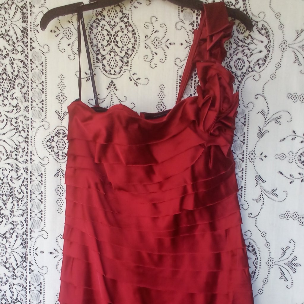 Suzi Chin For Maggy Boutique Red Satin One Shoulder Roses Mini Dress Size: 8